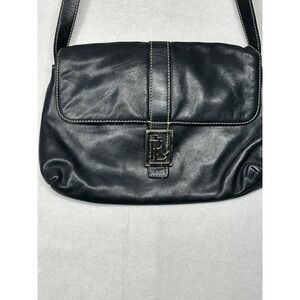 Lauren Ralph Lauren Black‎ Leather Shoulder Bag Flap Closure Silver Logo Plaque